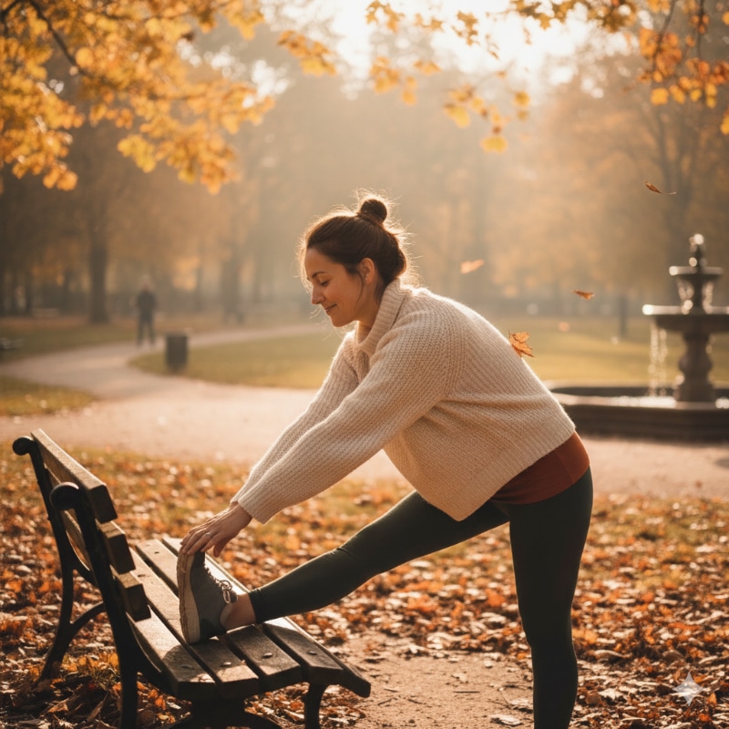 Woman stretching in a fall park, feeling energized and grounded after tune-up acupuncture and seasonal self-care.